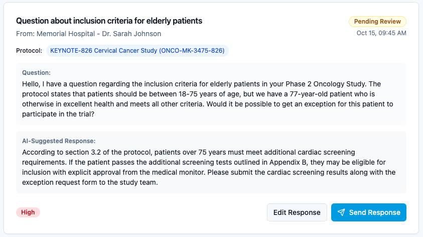Clinivox platform screenshot showing a protocol question interface